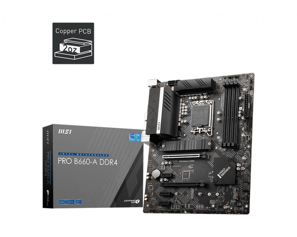 MSI PRO B660-A DDR4 Mainboard ATX - unterstützt Intel Core Prozessoren 12. Generation, LGA 1700 - DDR4 Memory Boost 4800+MHz/OC, PCIe 4.0 x16 Slot, 2 x M.2 Gen4 Slots, 2.5G LAN ATX DDR4 PRO B660-A DDR4
