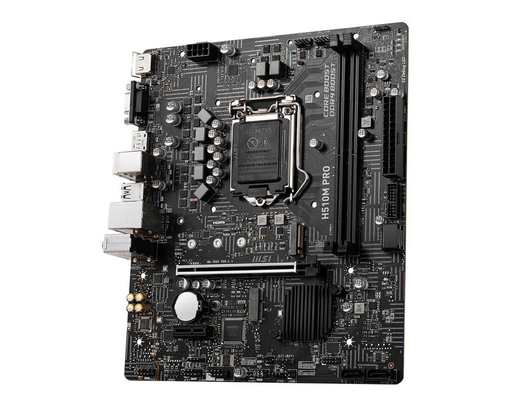 MSI H510M PRO Mainboard, Micro-ATX - unterstützt Intel Core Prozessoren der 11. Generation, LGA 1200 - 2 x DIMMs (3200MHz), 1 x PCIe 4.0 x16, 1 x M.2 Gen3, USB 3.2 Gen1, 1G LAN, HDMI 2.0b & DP 1.4