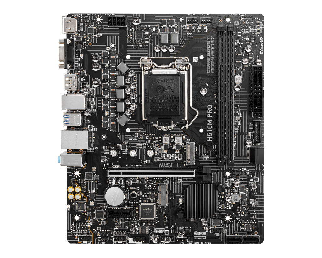 MSI H510M PRO Mainboard, Micro-ATX - unterstützt Intel Core Prozessoren der 11. Generation, LGA 1200 - 2 x DIMMs (3200MHz), 1 x PCIe 4.0 x16, 1 x M.2 Gen3, USB 3.2 Gen1, 1G LAN, HDMI 2.0b & DP 1.4